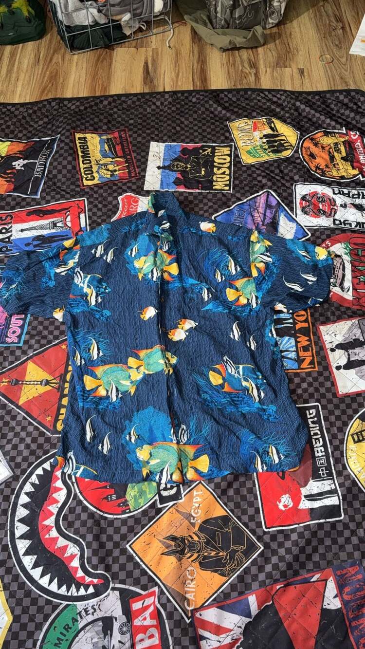 Guy Harvey AFTCO Hawaiian Blue Shirt Mens XL Fish Print Button Up Pocket Rayon